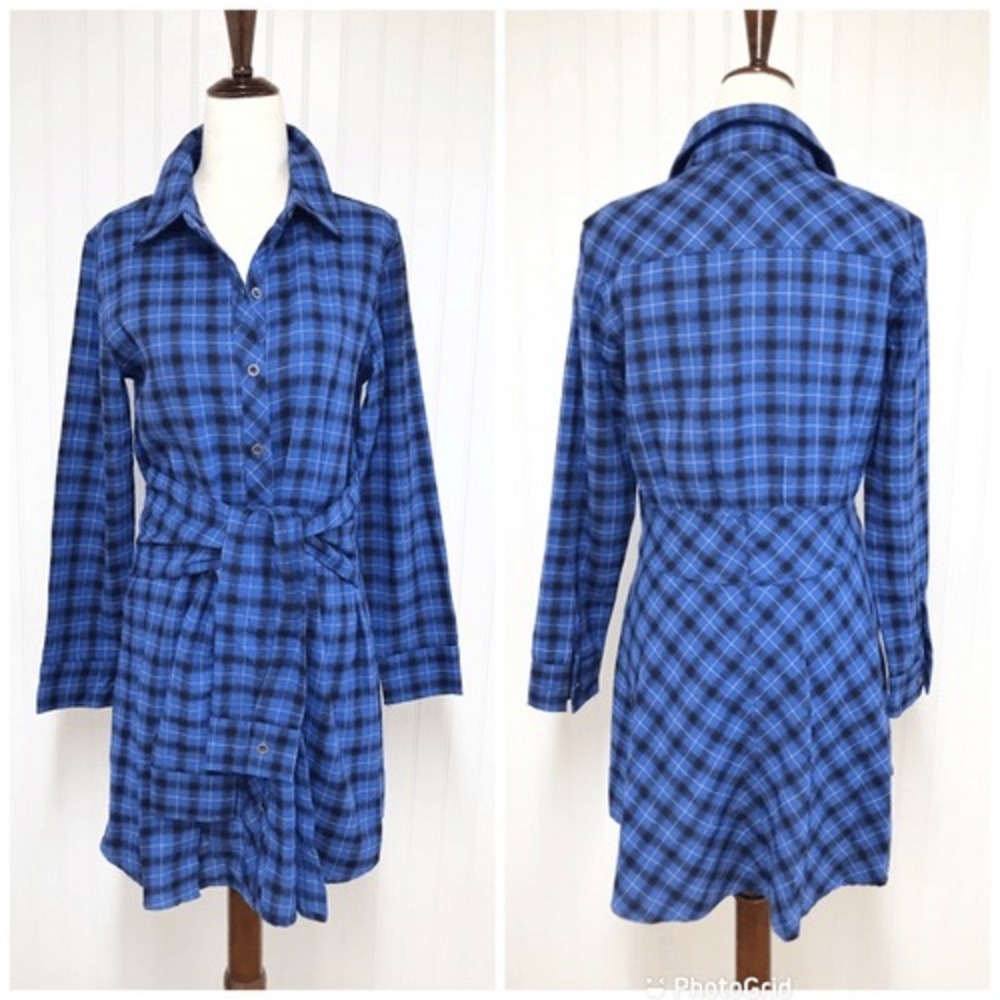 STEVE MADDEN Plaid Long Sleeve Shirt Dress XS Blue Black Grunge Preppy Fall New